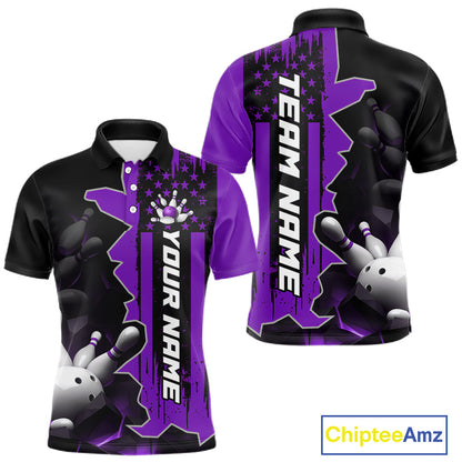 Men's custom bowling tournament polo shirt – purple personalized team bowling jersey close-up