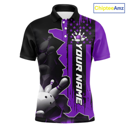 Men's custom bowling tournament polo shirt – personalized team bowling jersey purple front view