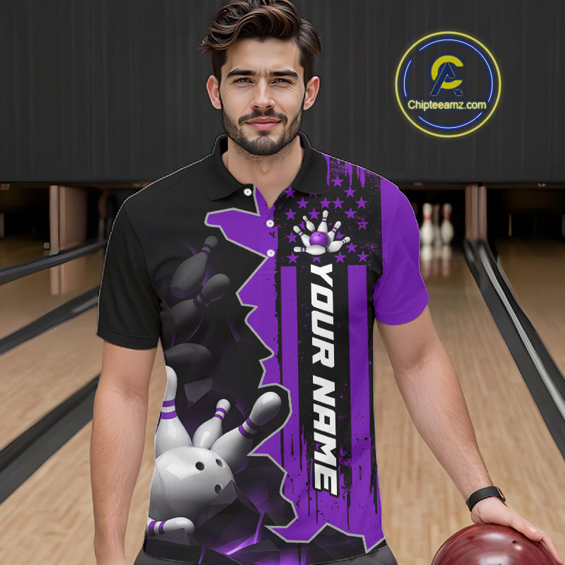 Men's Custom Bowling Tournament Polo Shirt & 1/4 Zip – Personalized Team Bowling Jersey| Purple NHT1198