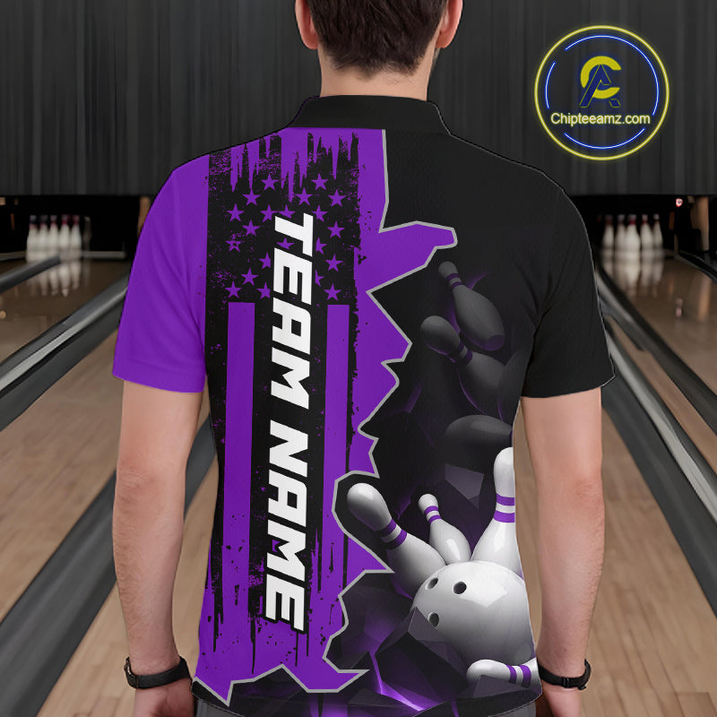 Men's Custom Bowling Tournament Polo Shirt & 1/4 Zip – Personalized Team Bowling Jersey| Purple NHT1198