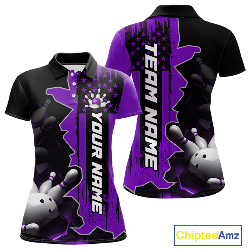 Women's custom bowling tournament polo shirt – purple personalized team bowling jersey close-up