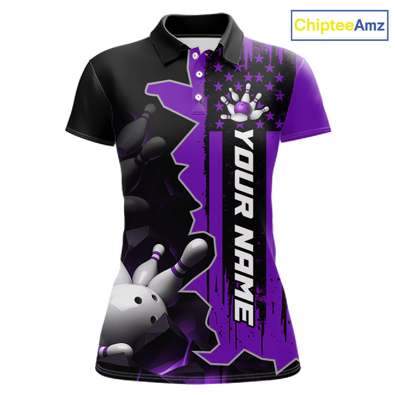Women's custom bowling tournament polo shirt – personalized team bowling jersey purple front view