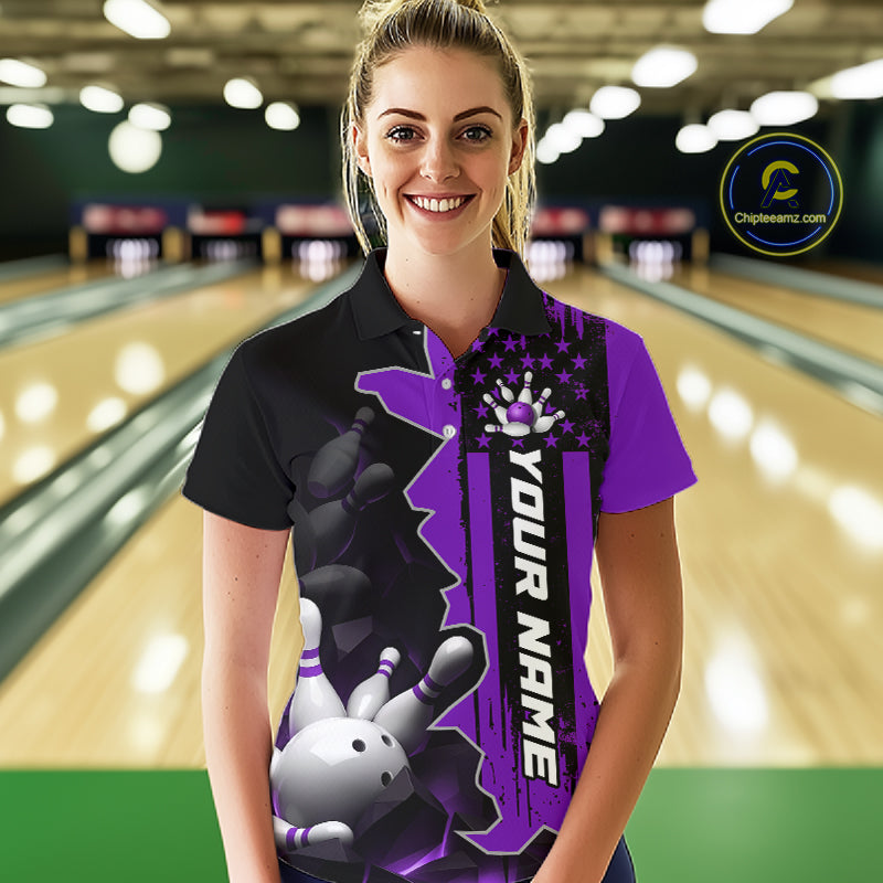 Women's Custom Bowling Tournament Polo Shirt & 1/4 Zip – Personalized Team Bowling Jersey| Purple NHT1198