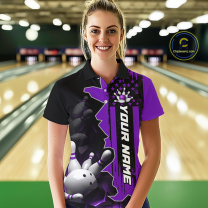 Women's Custom Bowling Tournament Polo Shirt & 1/4 Zip – Personalized Team Bowling Jersey| Purple NHT1198