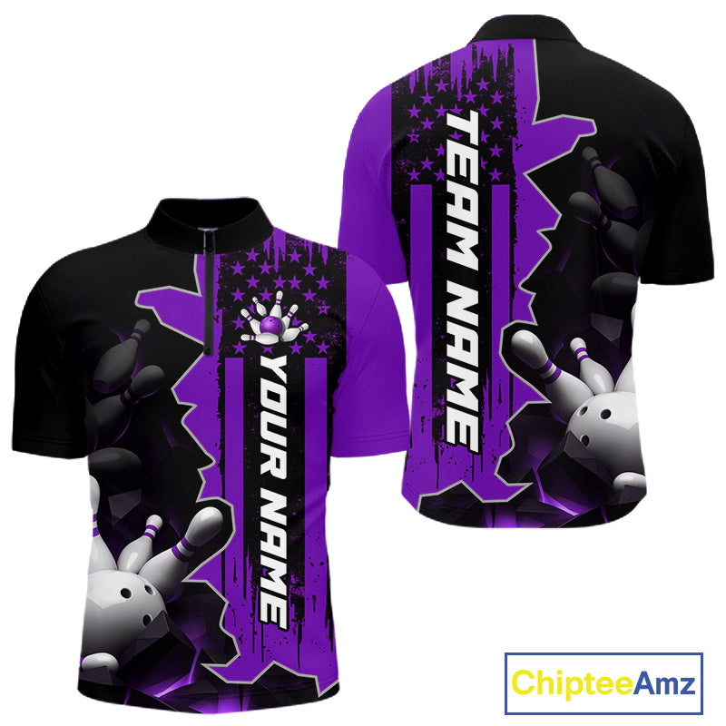 Men's purple 1/4 zip bowling tournament shirt – lightweight breathable personalized team bowling jersey