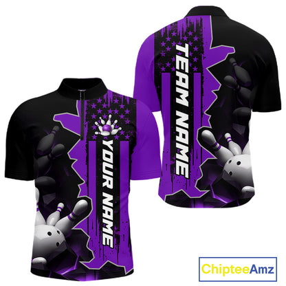 Men's purple 1/4 zip bowling tournament shirt – lightweight breathable personalized team bowling jersey