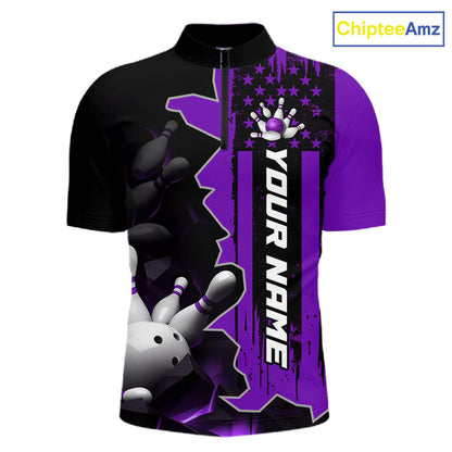 Men's 1/4 zip bowling tournament shirt – personalized team bowling jersey purple front view