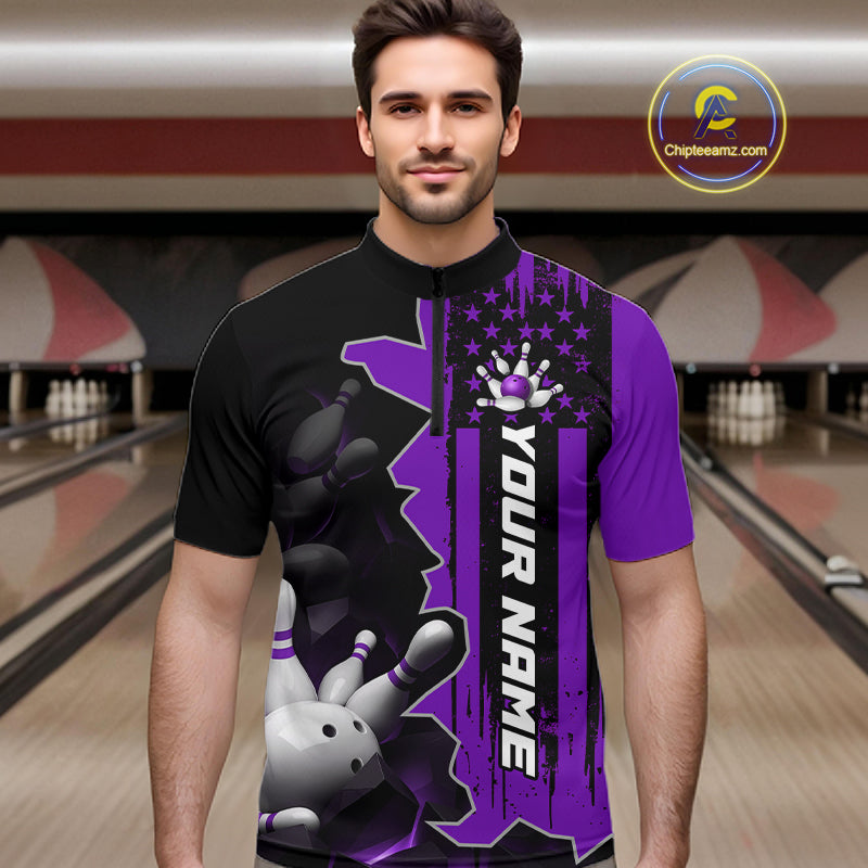 Men's Custom Bowling Tournament Polo Shirt & 1/4 Zip – Personalized Team Bowling Jersey| Purple NHT1198