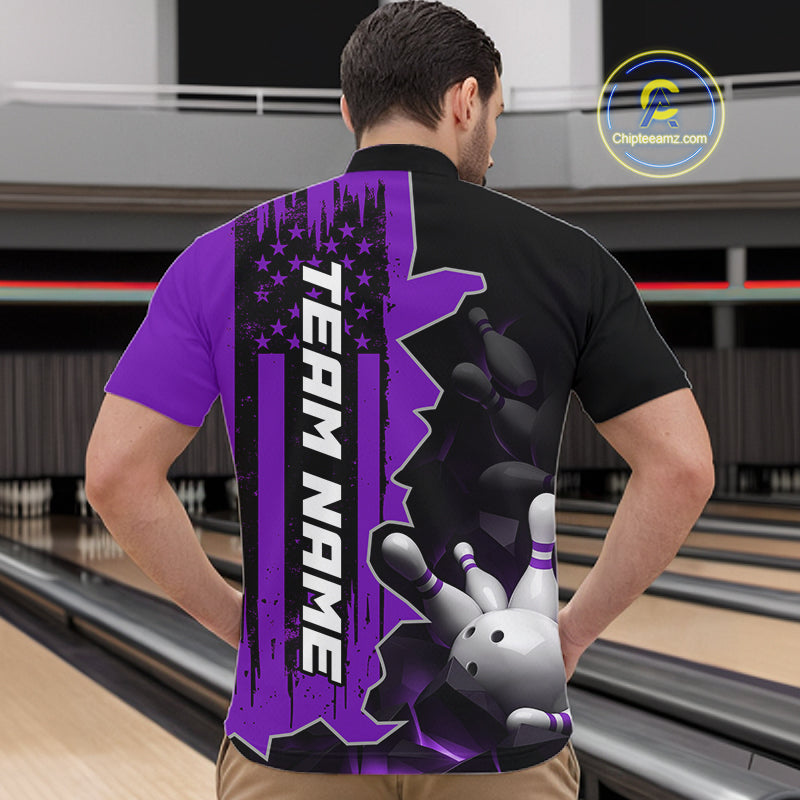 Men's Custom Bowling Tournament Polo Shirt & 1/4 Zip – Personalized Team Bowling Jersey| Purple NHT1198