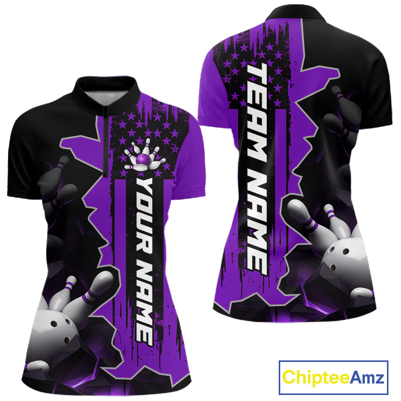 Women's purple 1/4 zip bowling tournament shirt – lightweight breathable personalized team bowling jersey