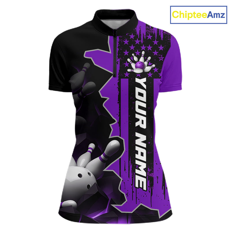 Women's 1/4 zip bowling tournament shirt – personalized team bowling jersey purple front view