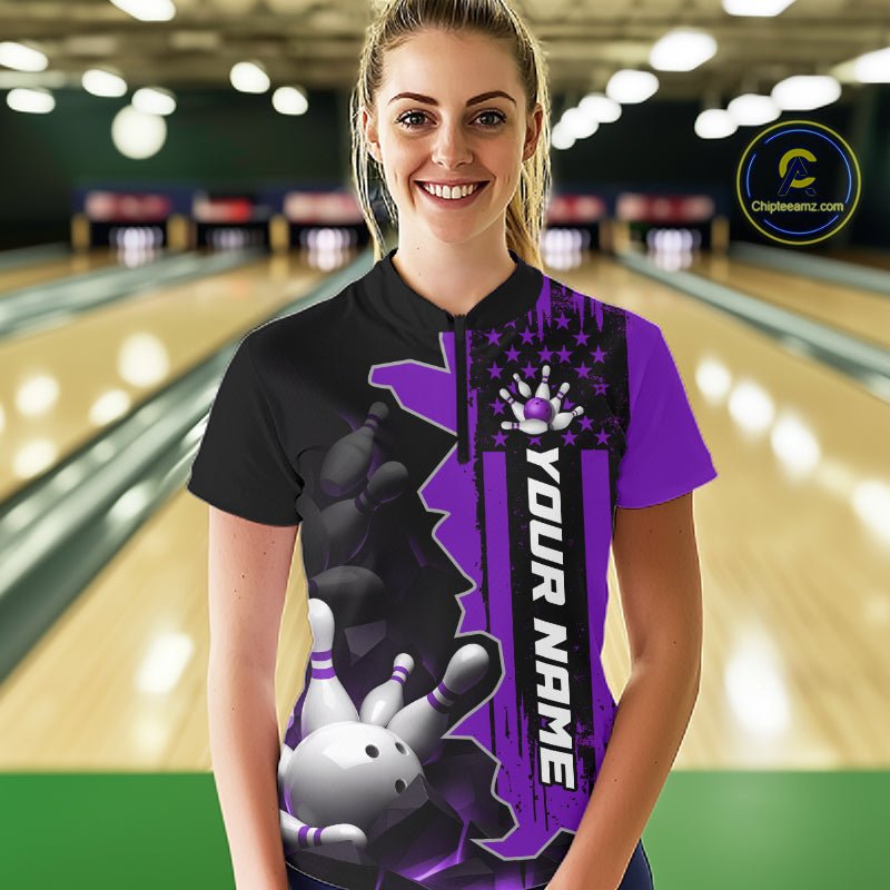 Women's Custom Bowling Tournament Polo Shirt & 1/4 Zip – Personalized Team Bowling Jersey| Purple NHT1198