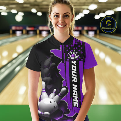 Women's Custom Bowling Tournament Polo Shirt & 1/4 Zip – Personalized Team Bowling Jersey| Purple NHT1198