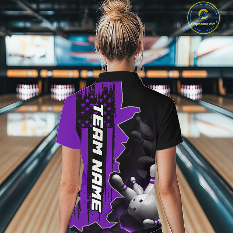 Women's Custom Bowling Tournament Polo Shirt & 1/4 Zip – Personalized Team Bowling Jersey| Purple NHT1198