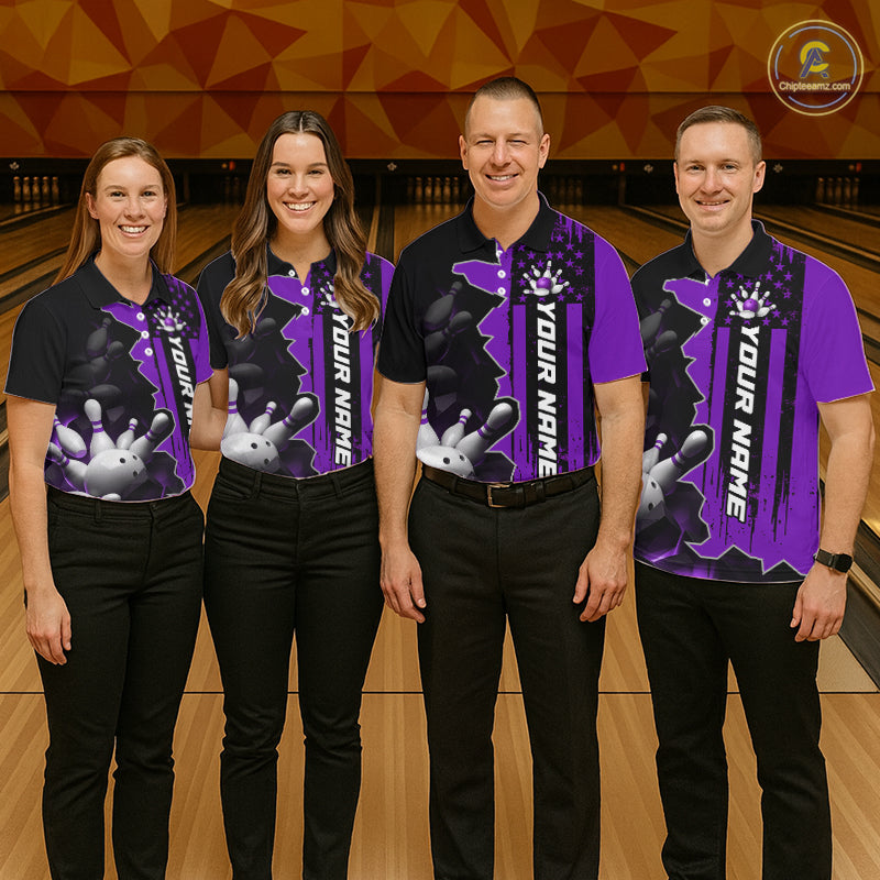 Men's Custom Bowling Tournament Polo Shirt & 1/4 Zip – Personalized Team Bowling Jersey| Purple NHT1198