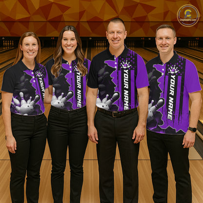 Men's Custom Bowling Tournament Polo Shirt & 1/4 Zip – Personalized Team Bowling Jersey| Purple NHT1198