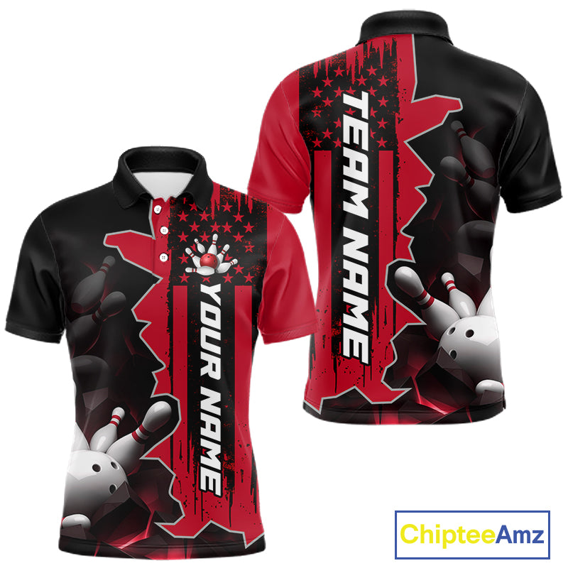 Men's custom bowling tournament polo shirt – red personalized team bowling jersey close-up