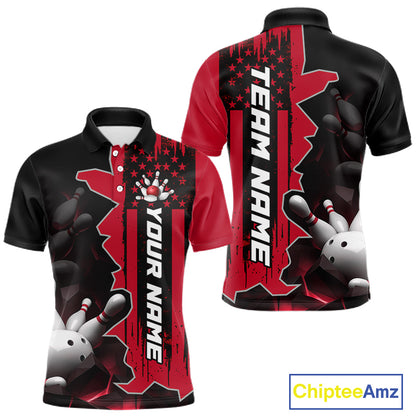 Men's custom bowling tournament polo shirt – red personalized team bowling jersey close-up