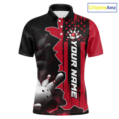 Men's custom bowling tournament polo shirt – personalized team bowling jersey red front view