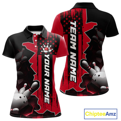 Women's custom bowling tournament polo shirt – red personalized team bowling jersey close-up