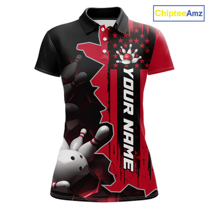 Women's custom bowling tournament polo shirt – personalized team bowling jersey red front view

