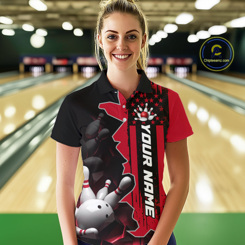 Women's Custom Bowling Tournament Polo Shirt & 1/4 Zip – Personalized Team Bowling Jersey| Red NHT1199