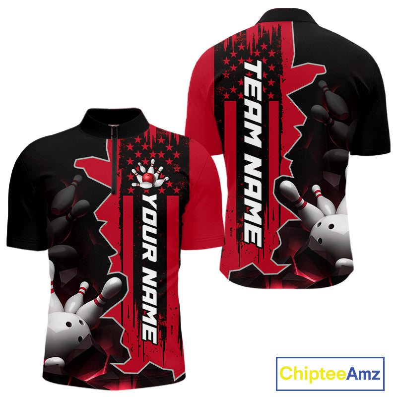 Men's red 1/4 zip bowling tournament shirt – lightweight breathable personalized team bowling jersey