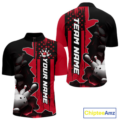 Men's red 1/4 zip bowling tournament shirt – lightweight breathable personalized team bowling jersey