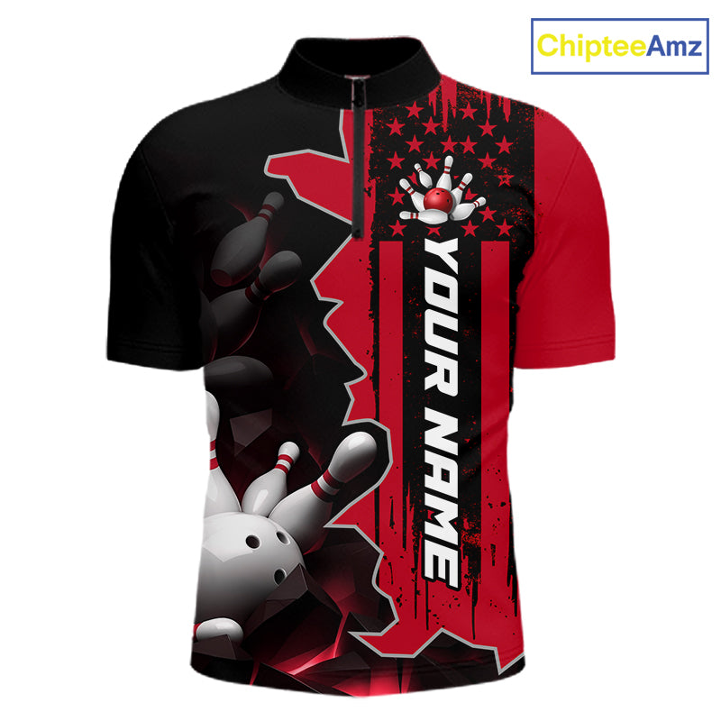 Men's 1/4 zip bowling tournament shirt – personalized team bowling jersey red front view