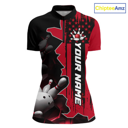 Women's 1/4 zip bowling tournament shirt – personalized team bowling jersey red front view