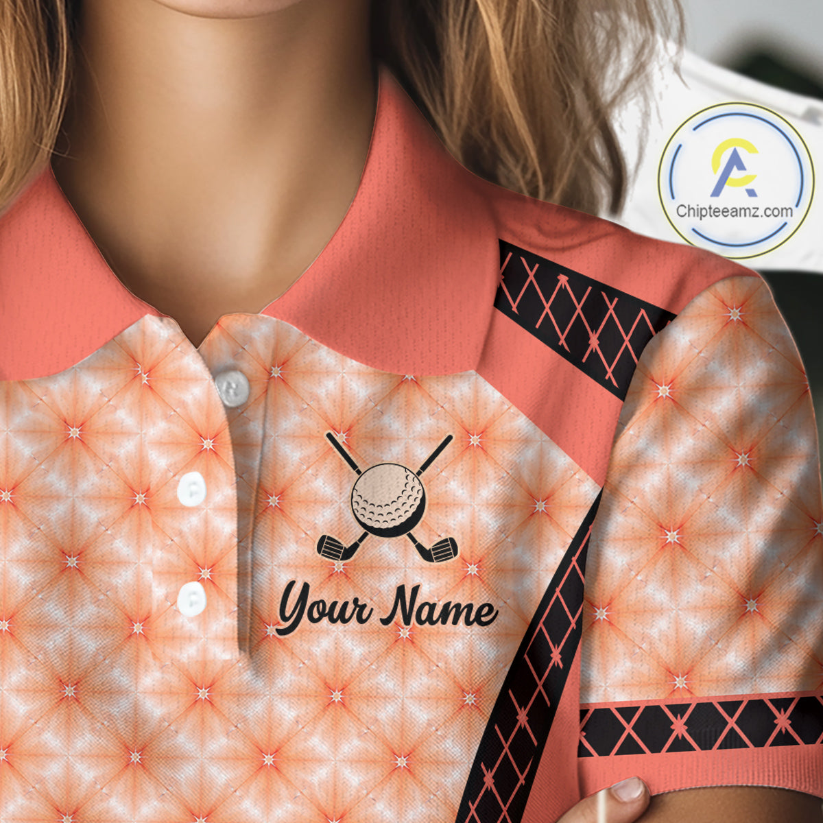 Custom Womens Coral Golf Polo, Personalized Geometric Pattern Golf Shirt With Name, Pink Golf Jersey NHT701