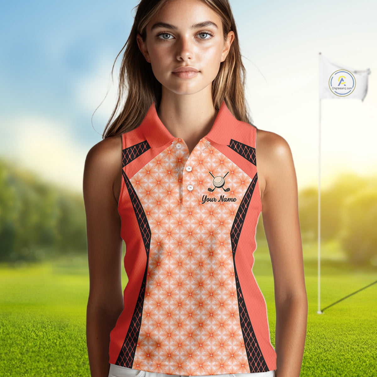 Custom Womens Sleeveless Coral Golf Polo, Personalized Geometric Pattern Golf Shirt With Name, Pink Golf Jersey NHT701