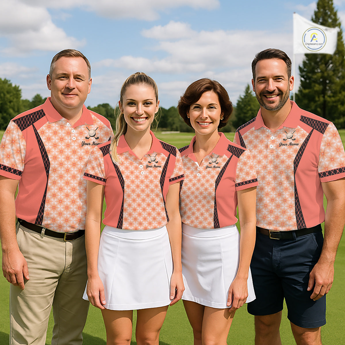 Custom Womens Coral Golf Polo, Personalized Geometric Pattern Golf Shirt With Name, Pink Golf Jersey NHT701