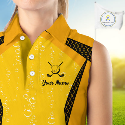 Custom Womens Sleeveless Beer Bubbles Golf Polo Shirt, Personalized Yellow Beer Themed Golf Jersey With Name, Gift For Golfer NHT703