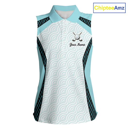 Personalized Aqua Sea Wave Golf Shirt With Name, Elegant Women's Sportswear, Stylish Womens Sleeveless Golf Jersey NHT704