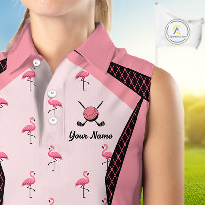 Custom Womens Sleeveless Flamingo Golf Polo, Personalized Pink Flamingo Golf Shirt With Name, Gift For Golfer NHT705