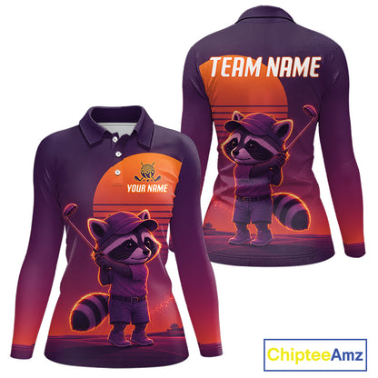 Personalized Raccoon Golf Shirt - Retro Sunset Womens Golf Polo Shirt