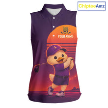 Load image into Gallery viewer, Personalized Duck Golf Shirt - Retro Sunset Womens Sleeeveless Golf Polo Shirt 