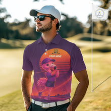 Load image into Gallery viewer, Man wearing a purple golf shirt with a character design on a golf course