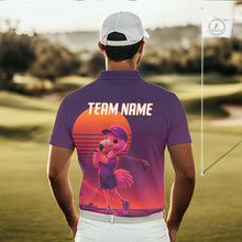 Load image into Gallery viewer, Person wearing a purple golf shirt with a graphic design and 'Team Name' text on a golf course.