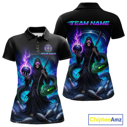 Women's custom bowling jersey with Grim Reaper design – short sleeve polo close-up