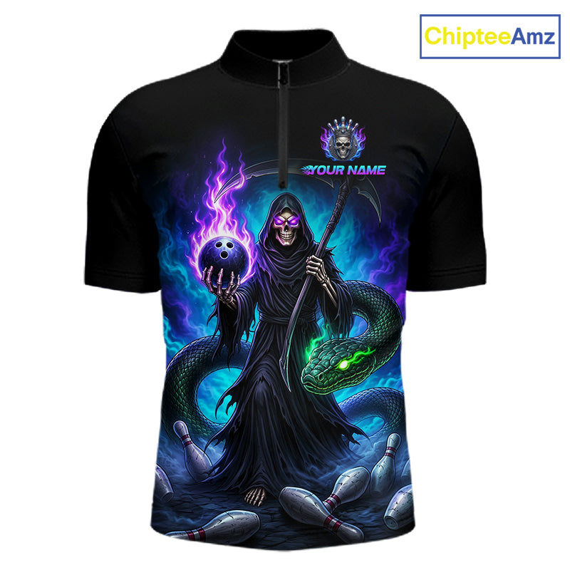 Men's Grim Reaper bowling quarter zip – personalized team bowling shirt front view