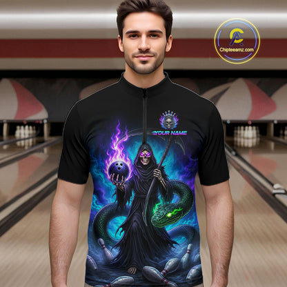 Custom Personalized Team Bowling Jersey With Name, Men's Grim Reaper Bowling Shirt & Quarter Zip NHT1200