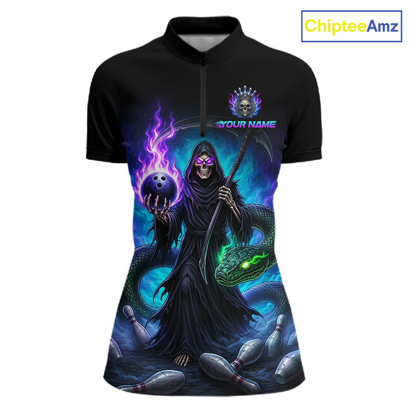 Women's Grim Reaper bowling quarter zip – personalized team bowling shirt front view