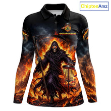 Load image into Gallery viewer, Womens long sleeve disc golf polo shirt with flaming grim reaper graphic, custom name and number, sporty fit.
