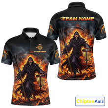 Load image into Gallery viewer, Mens disc golf polo shirt with flaming grim reaper graphic, custom name and number, athletic fit.