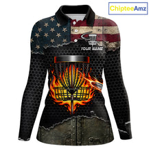 Load image into Gallery viewer, Fire basket sports apparel women disc golf shirt, USA flag print, short sleeve polo, custom name detail.