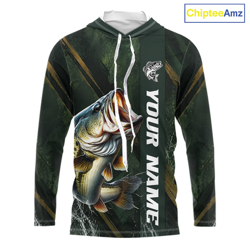 Personalized Hooded Bass Fishing Jersey – Green Angler Shirt Custom Name, Fishing Gift For Men NHT874