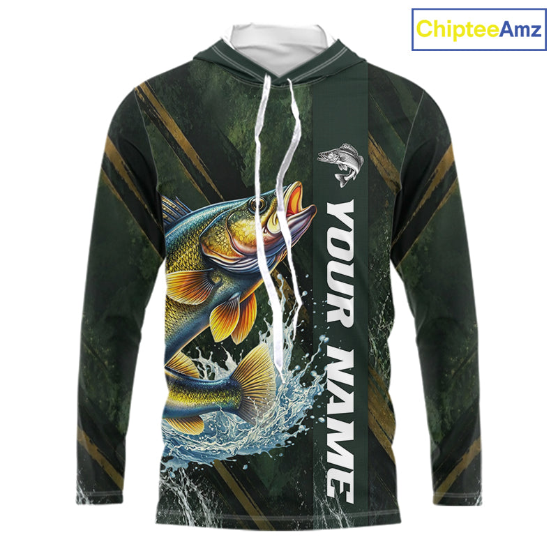 Personalized Hooded Walleye Fishing Jersey – Green Angler Shirt Custom Name, Fishing Gift For Men NHT876