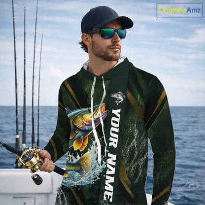 Personalized Hooded Walleye Fishing Jersey – Green Angler Shirt Custom Name, Fishing Gift For Men NHT876